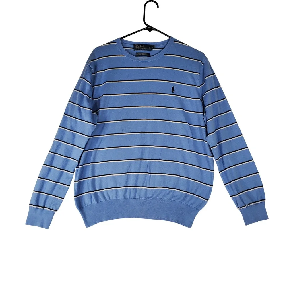 Polo Ralph Lauren Pima Cotton Striped Crewneck Sweater Mens Large Blue Navy
